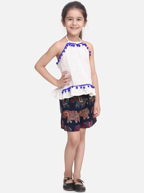 

BownBee Girls White & Blue Solid Top with Shorts