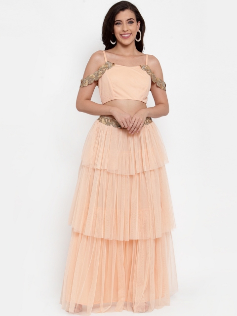 

Just Wow Women Peach-Coloured Self Design Top with Skirt