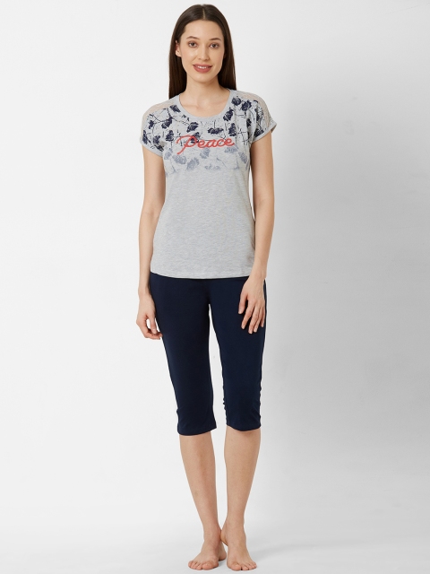 

Sweet Dreams Women Grey Melange & Navy Blue Printed Night suit