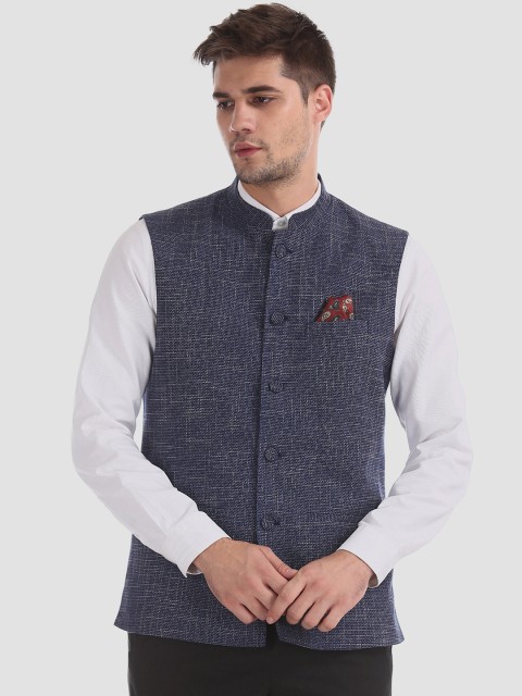 

AD By Arvind Men Blue Printed Slim Fit Formal Nehru Jacket