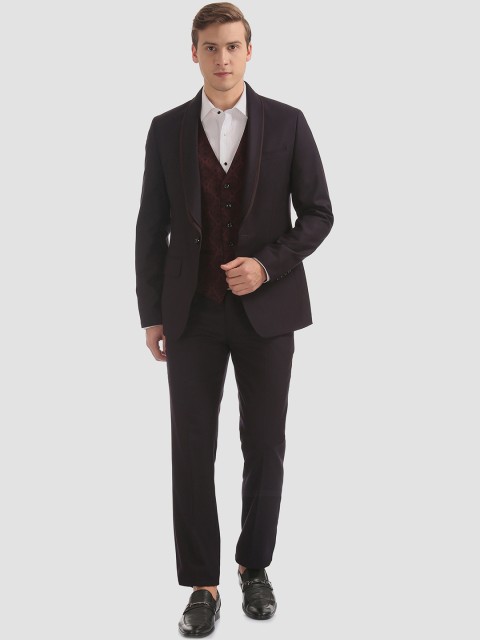 

AD By Arvind Men Brown & Maroon Solid Single-Breasted Three-Piece Tuxedo Suit, Black