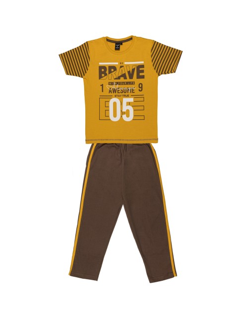 

Todd N Teen Boys Mustard Yellow & Brown Printed T-shirt with Capris