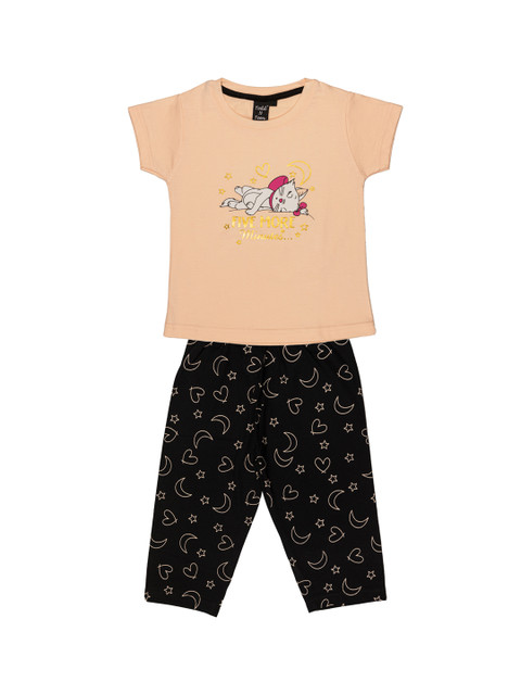 

Todd N Teen Girls Beige & Black Printed Night suit