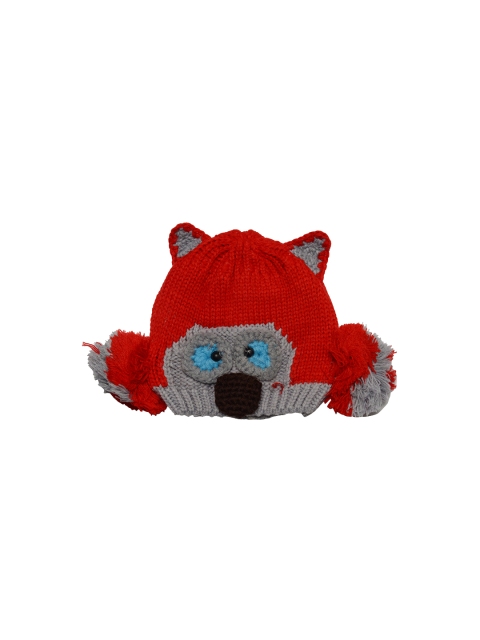 

TINY HUG Unisex Kids Red & Grey Self Design Beanie