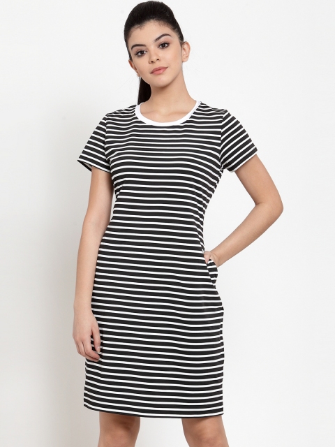 

BUKKUM Women Black & White Striped T-shirt Dress
