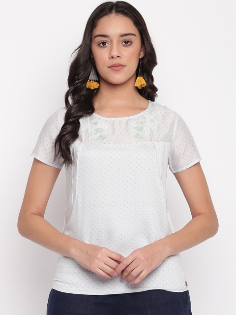 

Miss Grace Women White & Green Embroidered Top