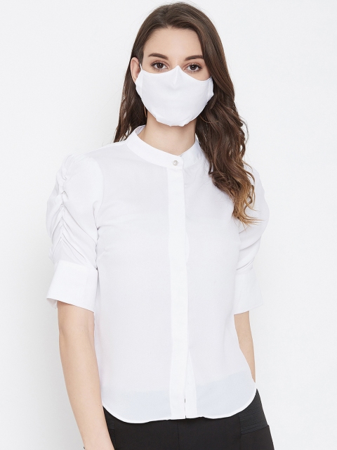 

Imfashini Women White Solid Shirt Style Top with Mask