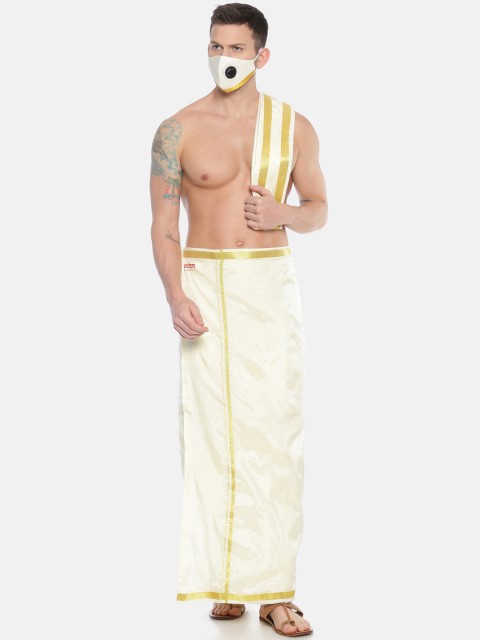 

Sethukrishna Men Cream-Coloured Solid Readymade Dhoti Pant & Angavastram With 3Layer Anti-Dust Mask