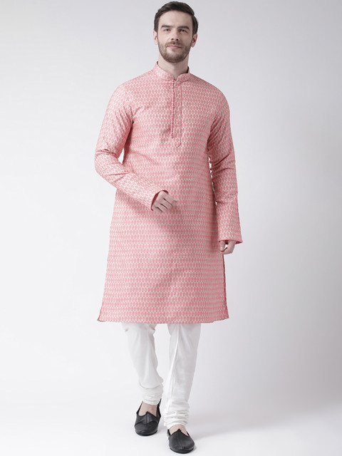 

Chitwan Mohan Men Pink & White Woven Design Kurta with Churidar
