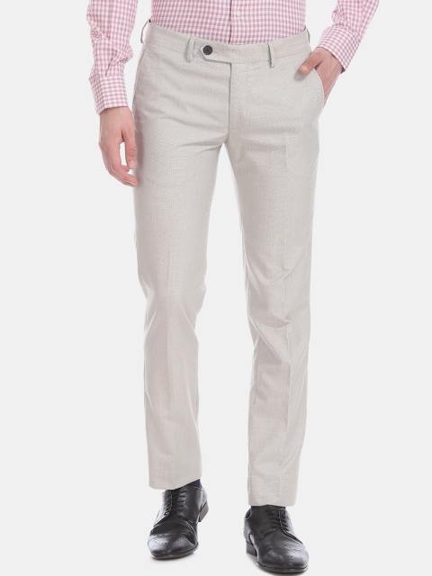 

AD By Arvind Men Off-White Tailored Slim Fit Self Design Formal Trousers