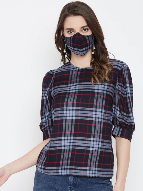 

Imfashini Women Black Checked Blouson Top With Matching Mask