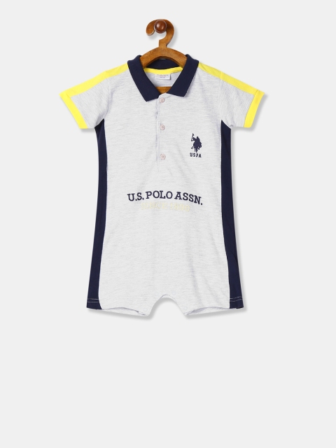 

U.S. Polo Assn. Kids Boys Grey Melange & Navy Blue Brand Logo Embroidered Rompers