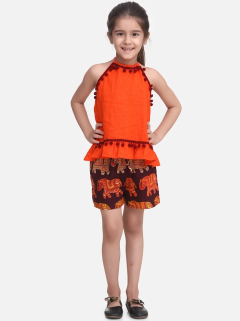 

BownBee Girls Orange Solid Top with Shorts