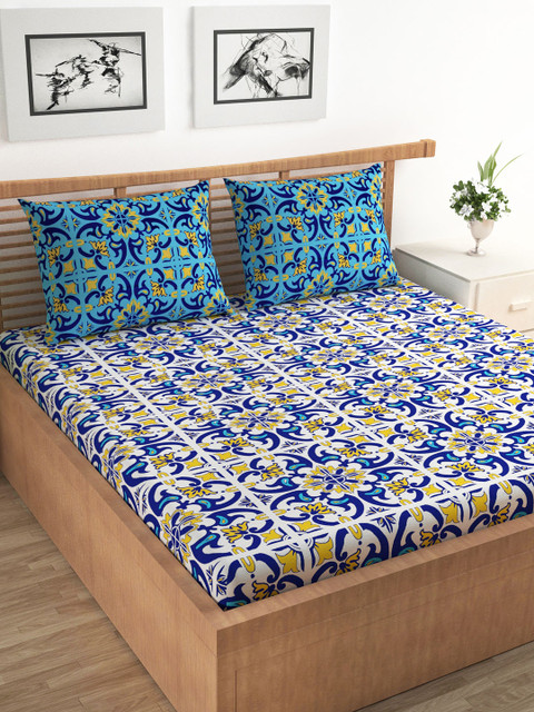

URBAN SPACE Blue Floral 120 TC Cotton 1 Queen Bedsheet with 2 Pillow Covers