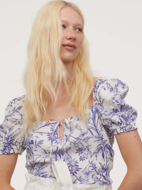 

H&M Women White & Navy Blue Printed Crepe Blouse