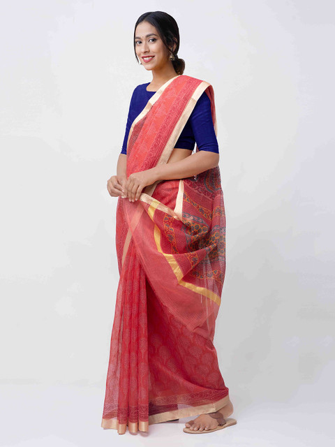 

Unnati Silks Red Cotton Blend Printed Kota Handloom Saree