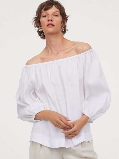 H&M Women White Solid Linen Blouse
