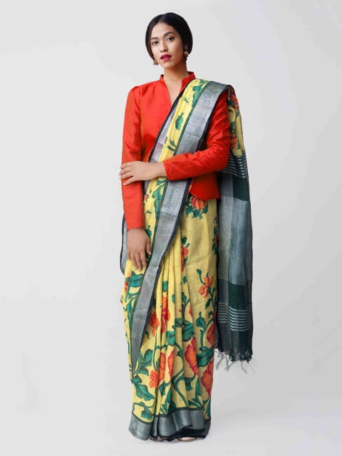 

Unnati Silks Yellow & Grey Pure Linen Handloom Printed Saree