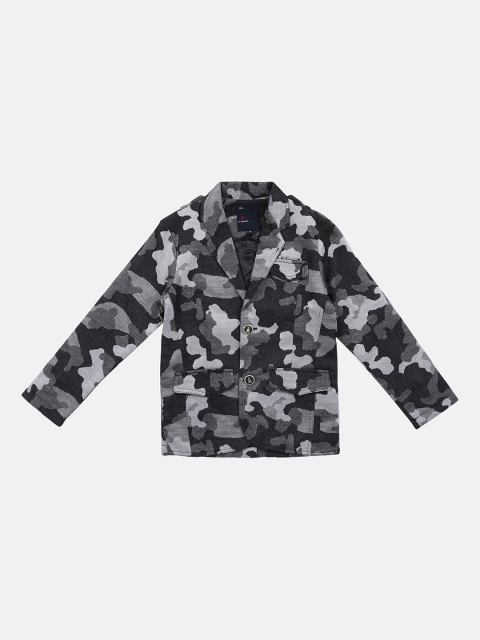 

Lil Tomatoes Boys Black & Grey Self-Design Single-Breasted Blazer
