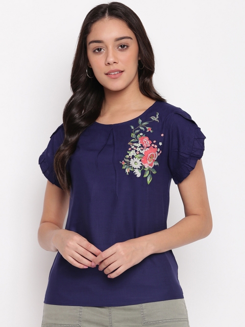 

Miss Grace Women Navy Blue & Red Floral Embroidered Top