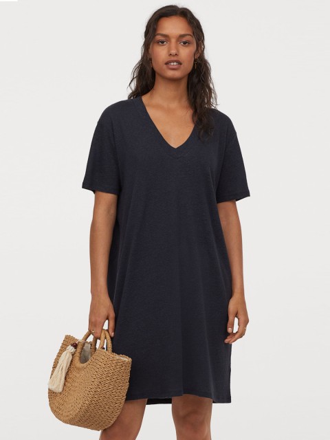 

H&M Women Navy Blue Linen-Blend T-Shirt Dress