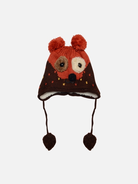 

TINY HUG Unisex Kids Red & Brown Colourblocked Beanie