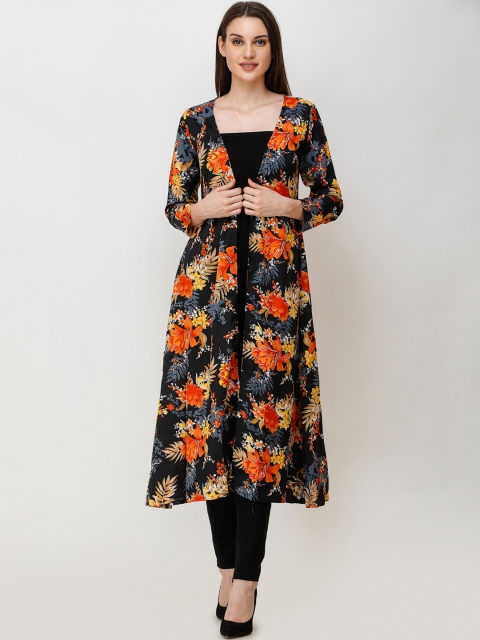 

SCORPIUS Women Black Printed Open Front Shrug
