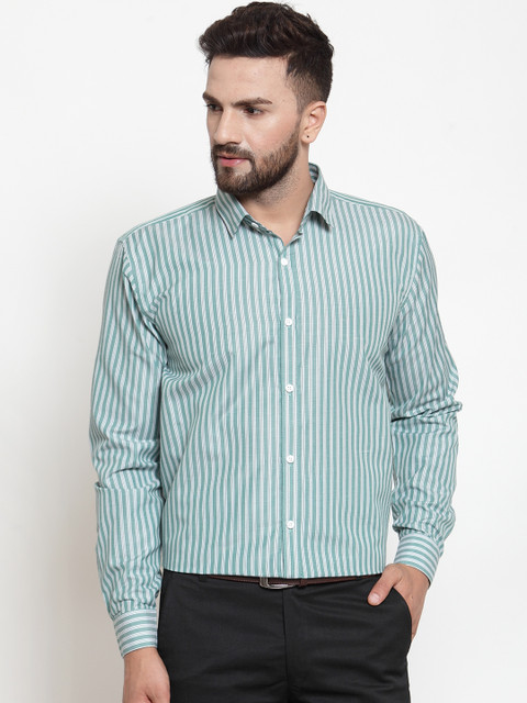 

JAINISH Men Green & White Regular Fit Striped Formal Shirt