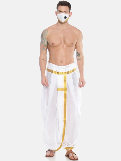 

Sethukrishna Men White Solid Readymade Dhoti Pant With 3-Ply Matching Mask