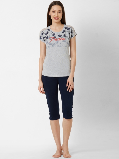 

Sweet Dreams Women Grey Melange & Navy Blue Printed Night suit