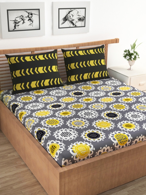 

URBAN SPACE Grey & Beige Floral 120 TC Cotton 1 Queen Bedsheet with 2 Pillow Covers