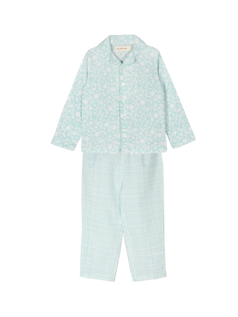 

My Little Lambs Girls Blue & White Floral Printed Night suit