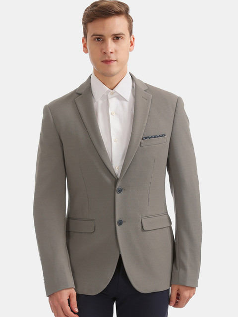 

AD By Arvind Men Grey Solid Slim-Fit Single-Breasted Formal Blazer