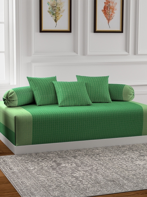 

KLOTTHE Set Of 6 Green Striped Bedsheet With Bolster & Cushion Covers