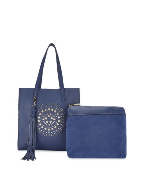 

Global Desi Blue Embellished Tote Bag With Pouch