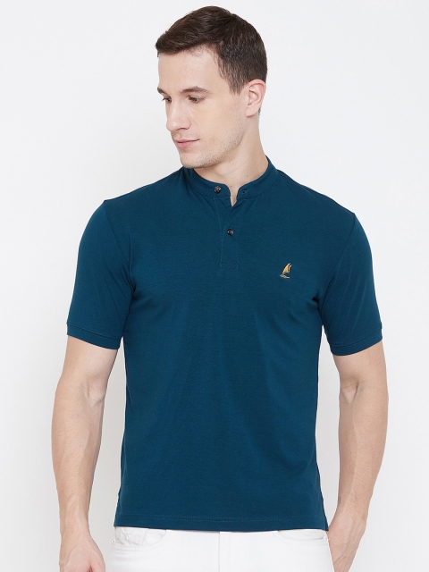 

HARBORNBAY Men Teal Blue Solid Henley Neck T-shirt