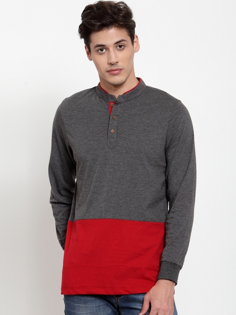 

Kalt Men Grey & Red Colourblocked Mandarin Collar T-shirt