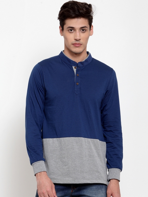 

Kalt Men Teal Blue & Grey Colourblocked Mandarin Collar T-shirt