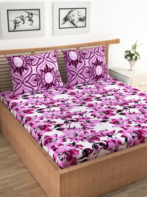 

URBAN SPACE Purple & Beige Floral 120 TC Cotton 1 Queen Bedsheet with 2 Pillow Covers
