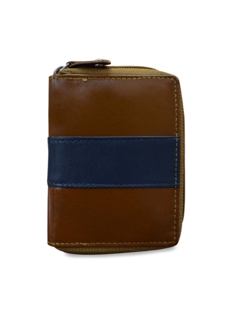 

ABYS Unisex Tan Brown & Blue Colourblocked Leather Card Holder