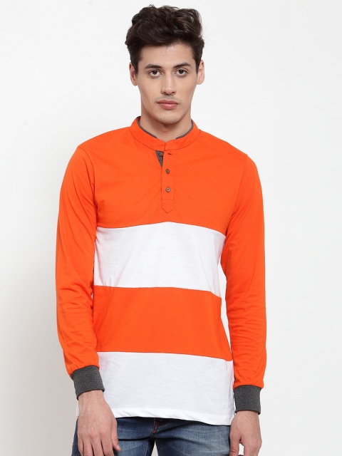 

Kalt Men Orange & White Colourblocked Henley Neck T-shirt
