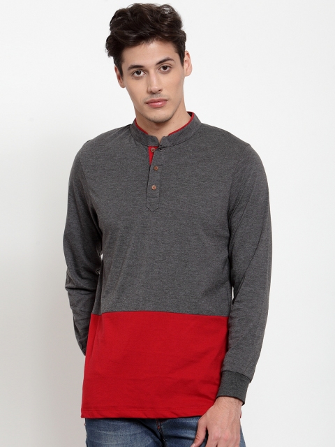 Kalt Men Grey & Red Colourblocked Mandarin Collar T-shirt