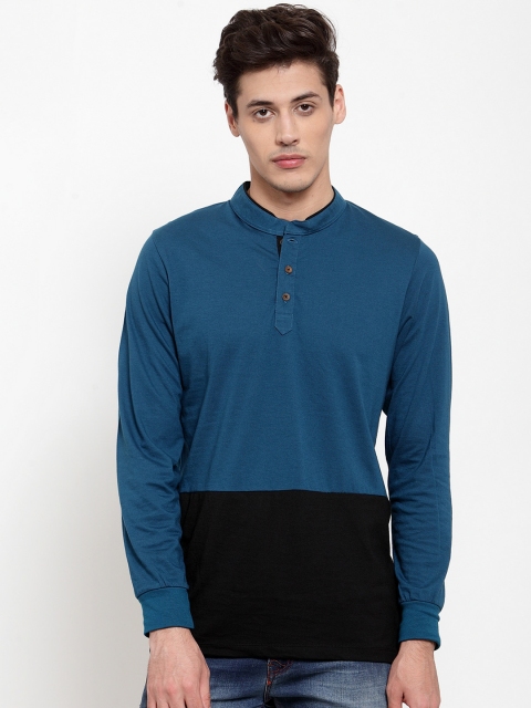 

Kalt Men Teal Blue & Black Colourblocked Mandarin Collar T-shirt