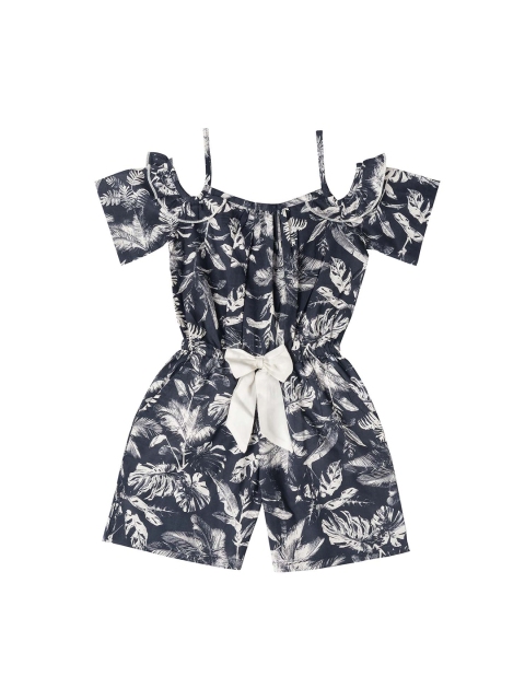 

Kid Studio Girls Navy Blue & White Floral Print Playsuit with Bow