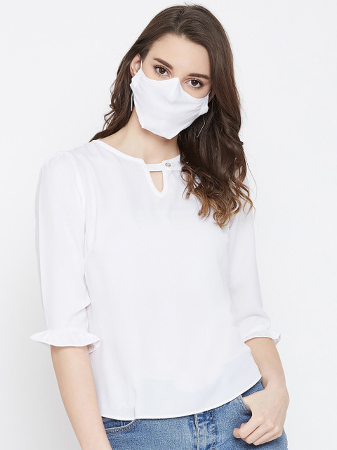 

Imfashini Women White Solid Top With Matching Mask