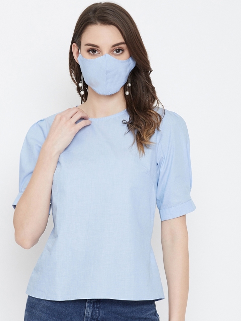 

Imfashini Women Blue Solid Blouson Top