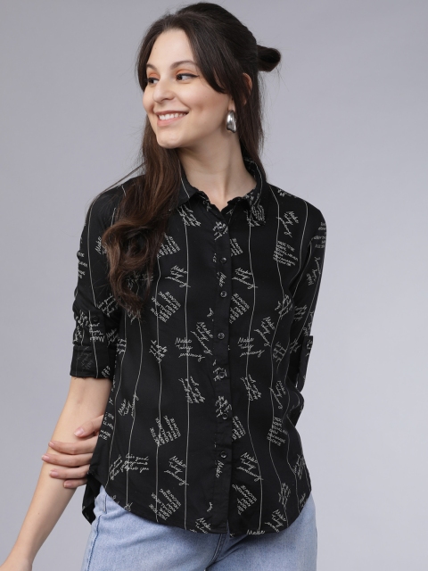 

Tokyo Talkies Women Black Boxy Printed Casual Shirt
