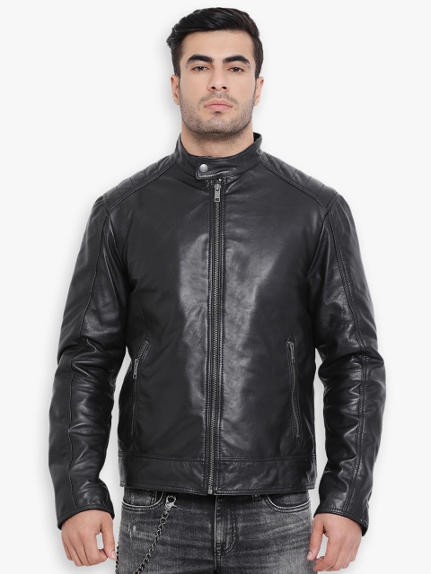 

Justanned Men Black Solid Lightweight Leather Jacket
