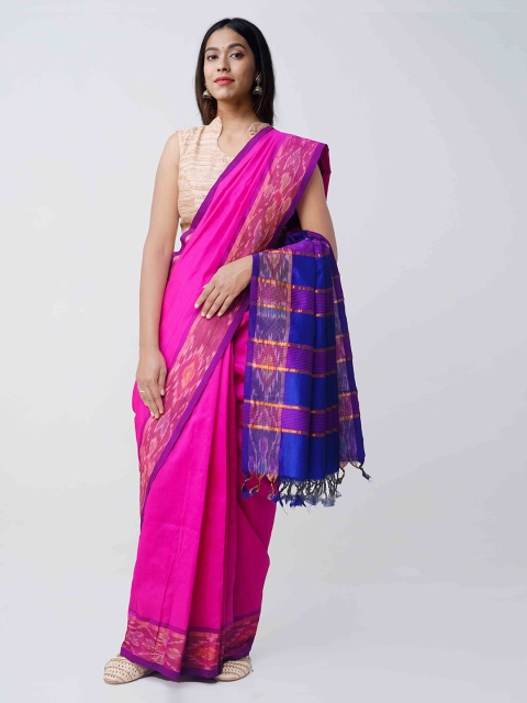 

Unnati Silks Pink & Blue Silk Cotton Solid Uppada Saree