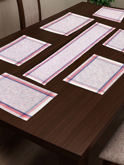 

NEUDIS Set Of 7 Pink & Blue Abstract Hand Woven Table Placemats With Runner